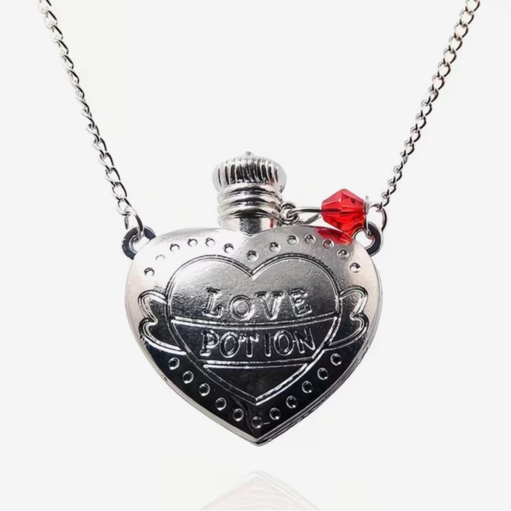 Silver Heart Love Potion Pendant Necklace with Red Accent